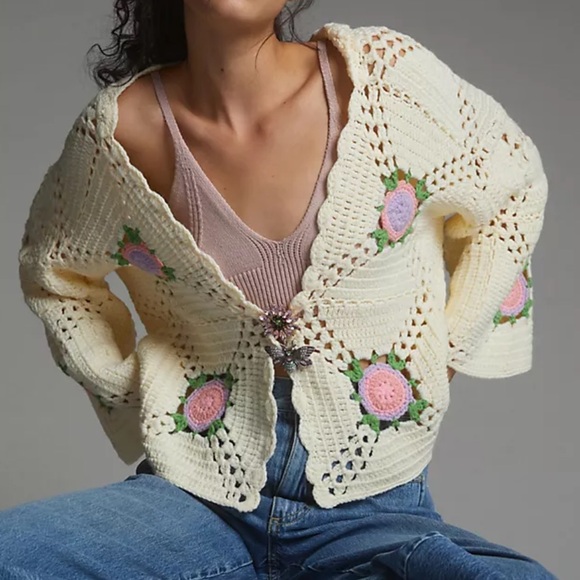 New Anthropologie Floral Crochet Cardigan - Picture 1 of 14
